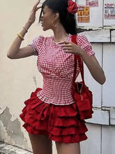 BXOXO Fashion 2-Piece Set Women Plaid Folds Puff Sleeves o-Neck Tops+Multi-Layered Bandage Ruffles Puffy Skirt Matching Suit